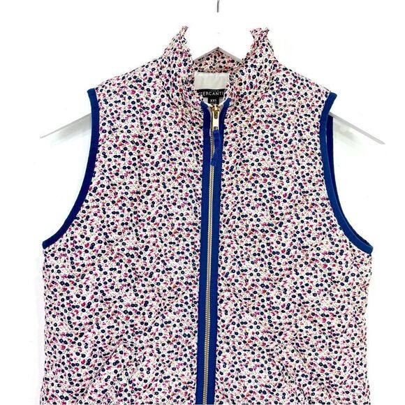 J. Crew Mercantile Blue Pink Floral Ruffled Mock Neck Zip Up Quilted Puffer Vest - Picture 10 of 16